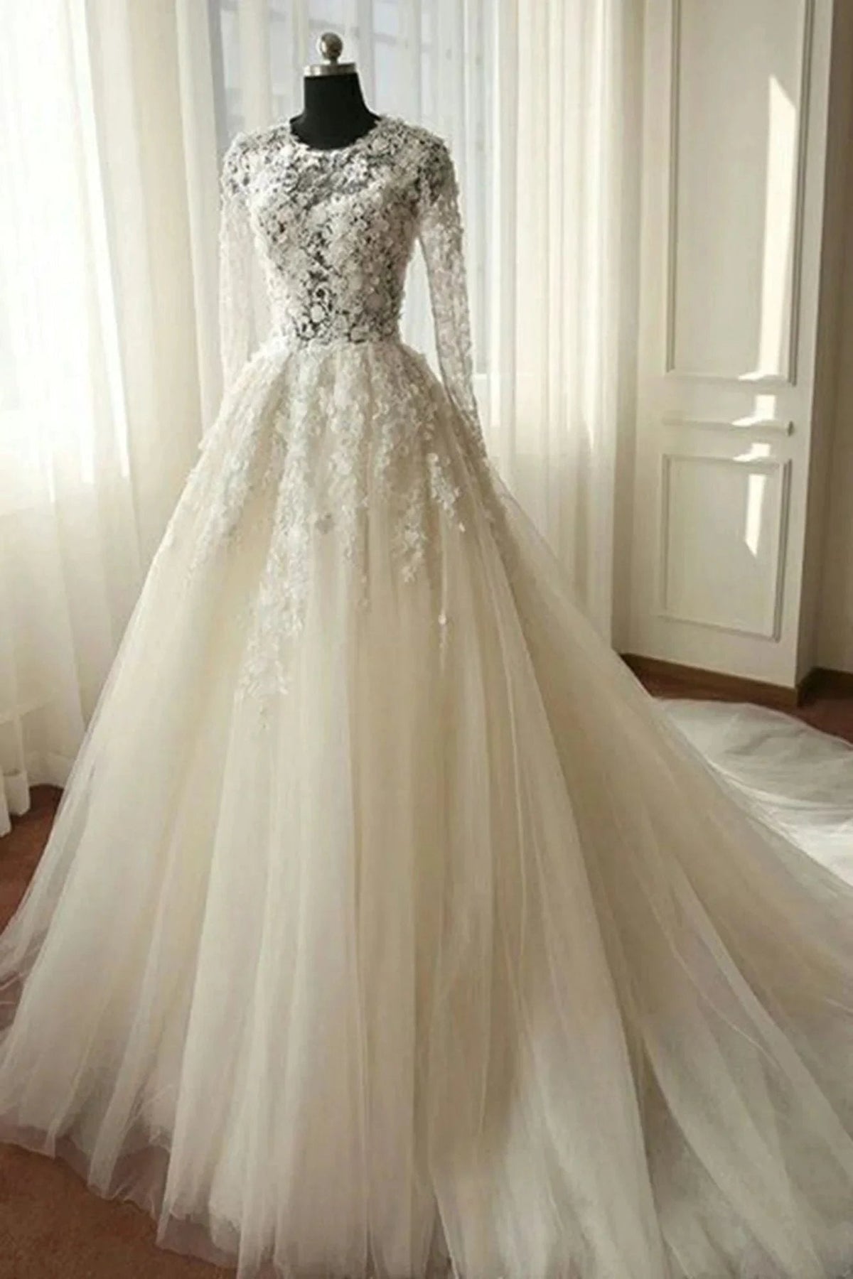 Long A-line Organza Lace Wedding Dresses with Sleeves (ZD15833) - VelvetHem