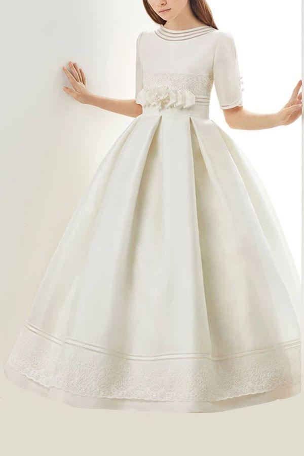Long A-line Ruffle Jewel Neck Half Sleeves Flower Girl Dresses For Pageant - VelvetHem