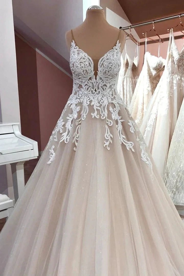 Long A-Line Sequin Tulle Spaghetti Straps Appliques Lace Wedding Dress (ZD15229) - VelvetHem