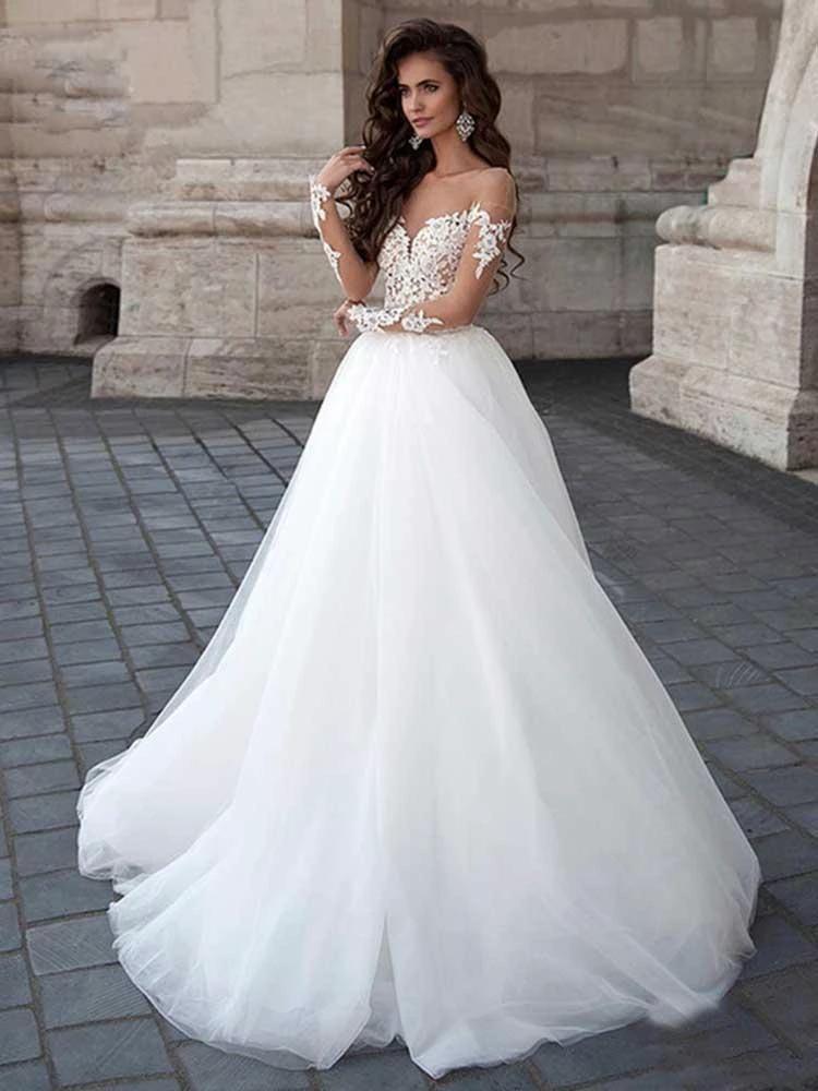 Long A-Line Sleeve Lace Tulle Backless Wedding Dresses with Sleeves (ZD15914) - VelvetHem