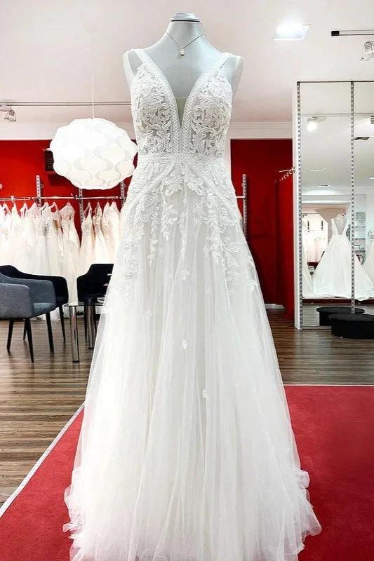 Long A-line Sleeveless Tulle Lace Appliques Open Back Wedding Dresses (ZD15262) - VelvetHem