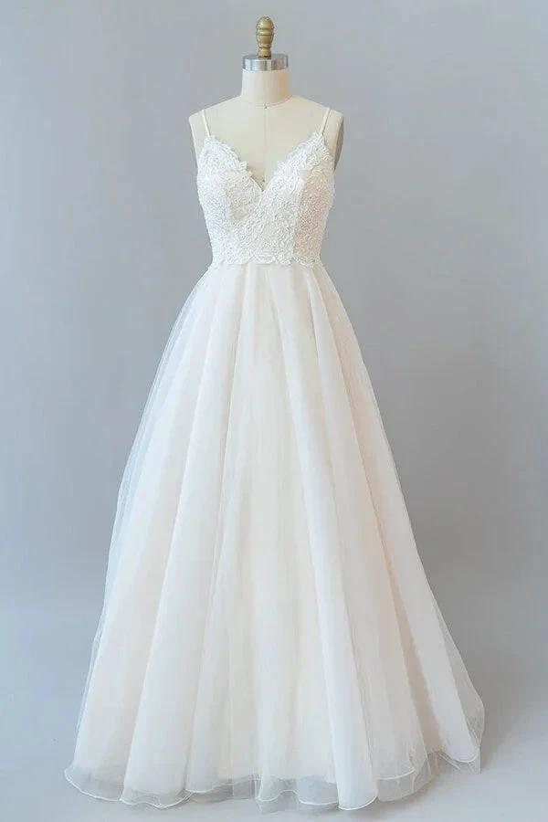 Long A-line Spaghetti Strap Lace Tulle Backless Wedding Dress (ZD14410)