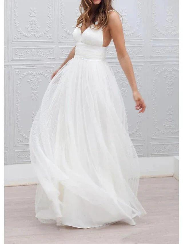 Long A-Line Spaghetti Strap Taffeta Tulle Chiffon Wedding Dresses (ZD14407) - VelvetHem