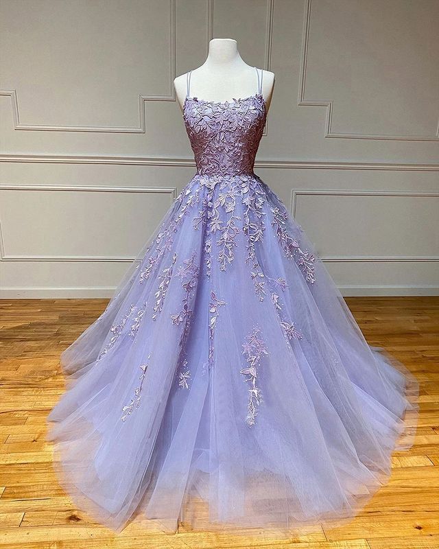 Long A-Line Spaghetti Straps Lace Tulle Open Back Prom Dress