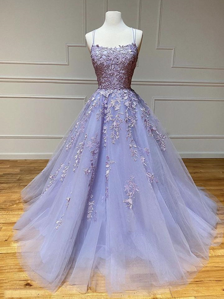Long A-line Strapless Backless Tulle Lace Formal Graduation Prom Dresses - VelvetHem