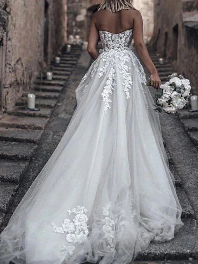 Long A-Line Strapless Sweep Brush Train Lace Tulle Sleeveless Wedding Dresses (ZD14458)