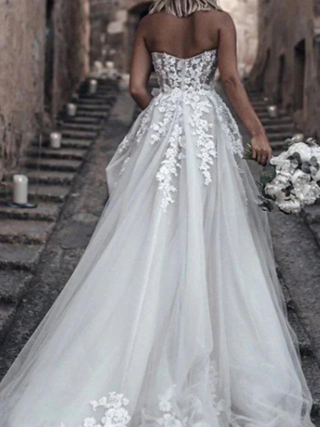 Long A-Line Strapless Sweep Brush Train Lace Tulle Sleeveless Wedding Dresses (ZD14458)