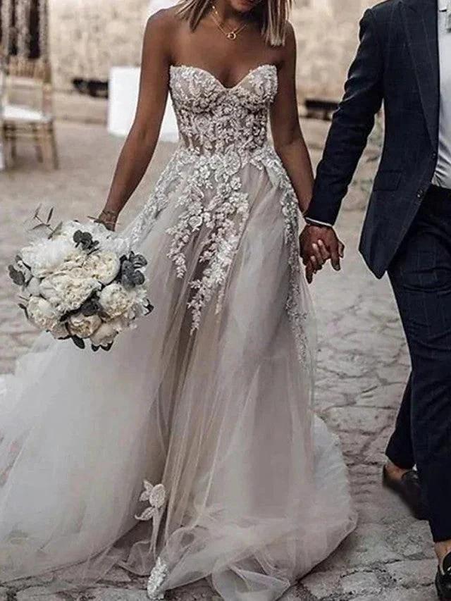 Long A-Line Strapless Sweep Brush Train Lace Tulle Sleeveless Wedding Dresses (ZD14458) - VelvetHem