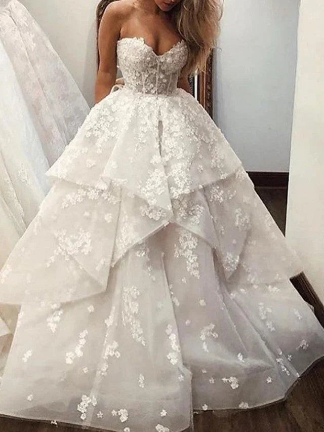 Long A-Line Strapless Sweep Brush Train Lace Tulle Wedding Dresses (ZD15938) - VelvetHem