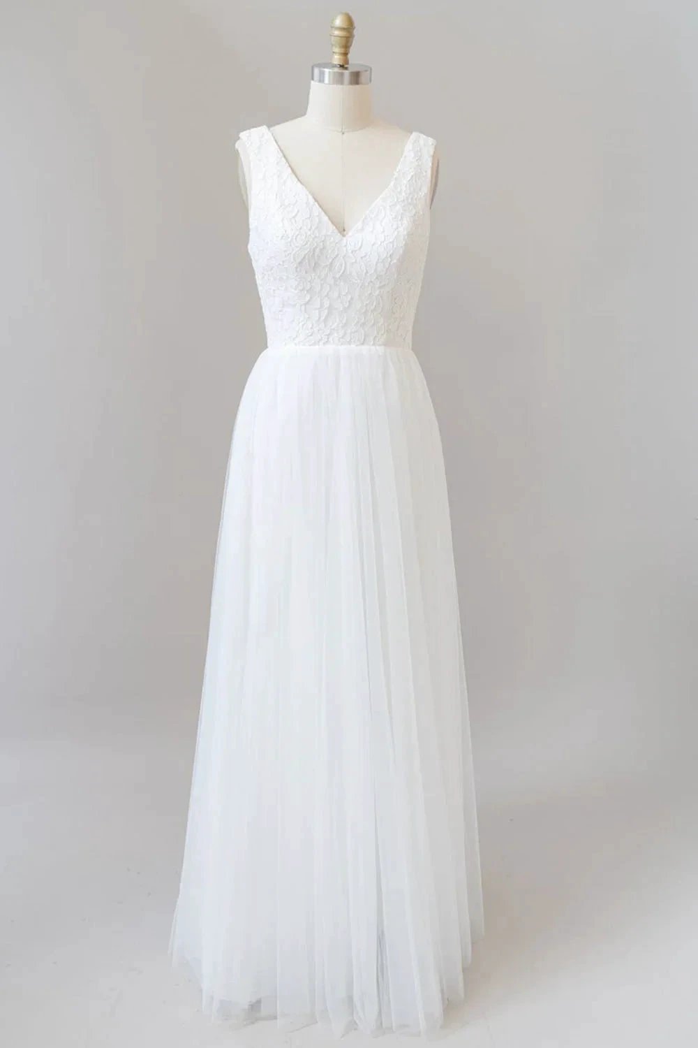 Long A-line Straps V-neck Chiffon Open Back Wedding Dress (ZD15973) - VelvetHem