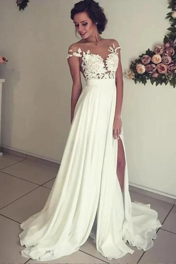 Long A-line Sweetheart Appliques Lace Chiffon Wedding Dress with Slit (ZD15785) - VelvetHem