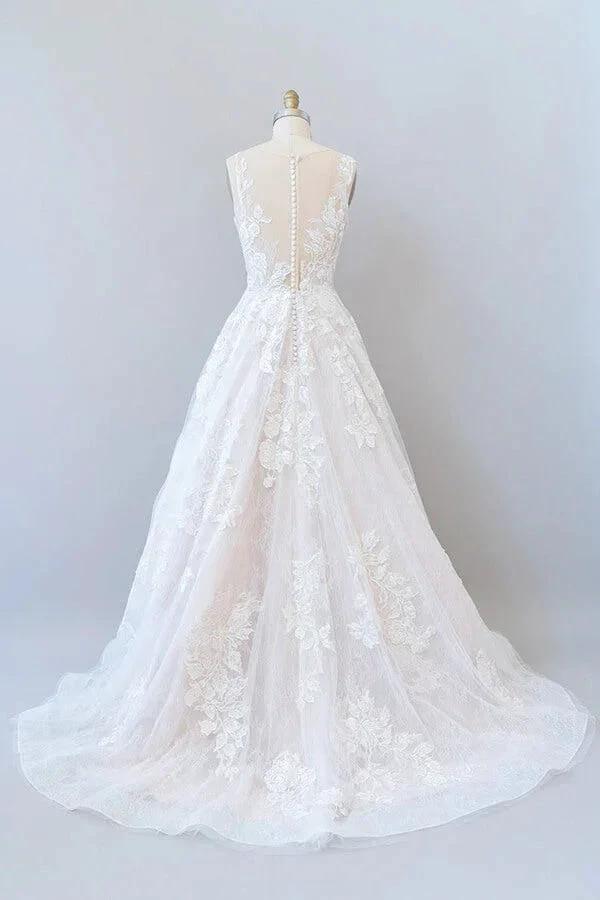 Long A-line Sweetheart Appliques Lace Tulle Wedding Dress (ZD14430)