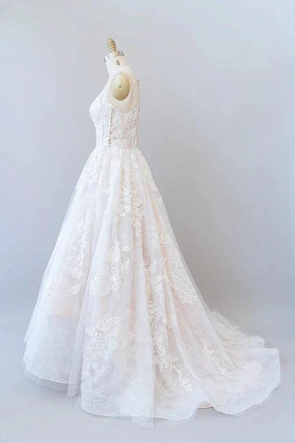 Long A-line Sweetheart Appliques Lace Tulle Wedding Dress (ZD14430)