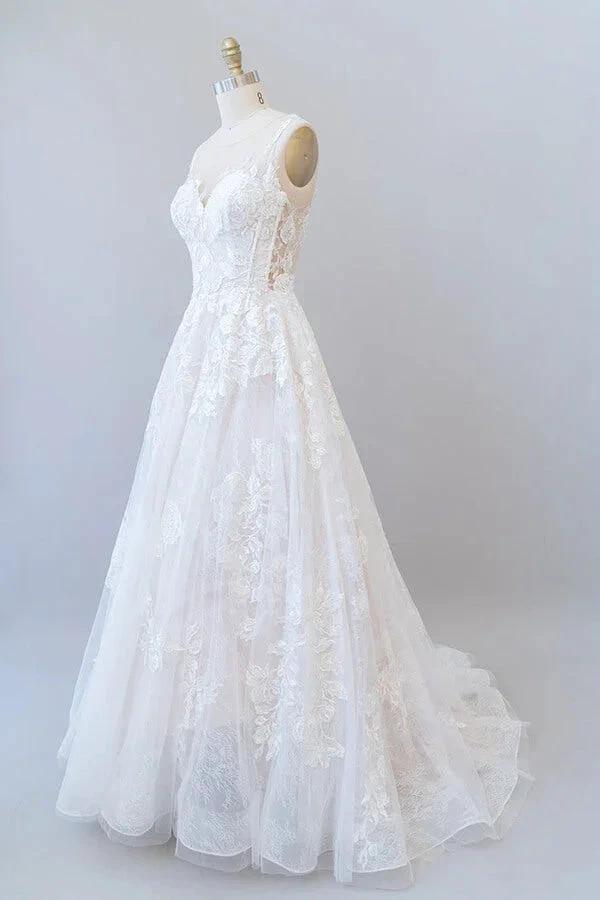 Long A-line Sweetheart Appliques Lace Tulle Wedding Dress (ZD14430)