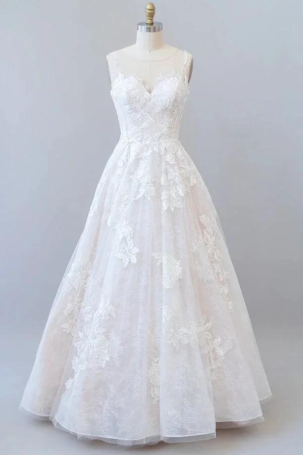 Long A-line Sweetheart Appliques Lace Tulle Wedding Dress (ZD14430)
