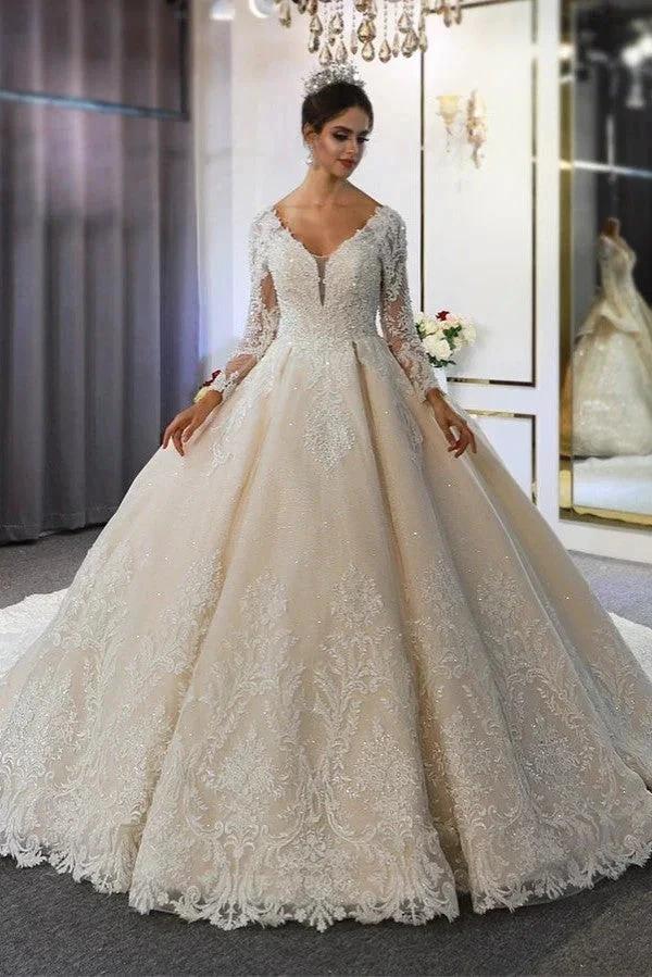 Long A-Line Sweetheart Backless Appliques Lace Sequins Wedding Dress with Sleeves (ZD15099)