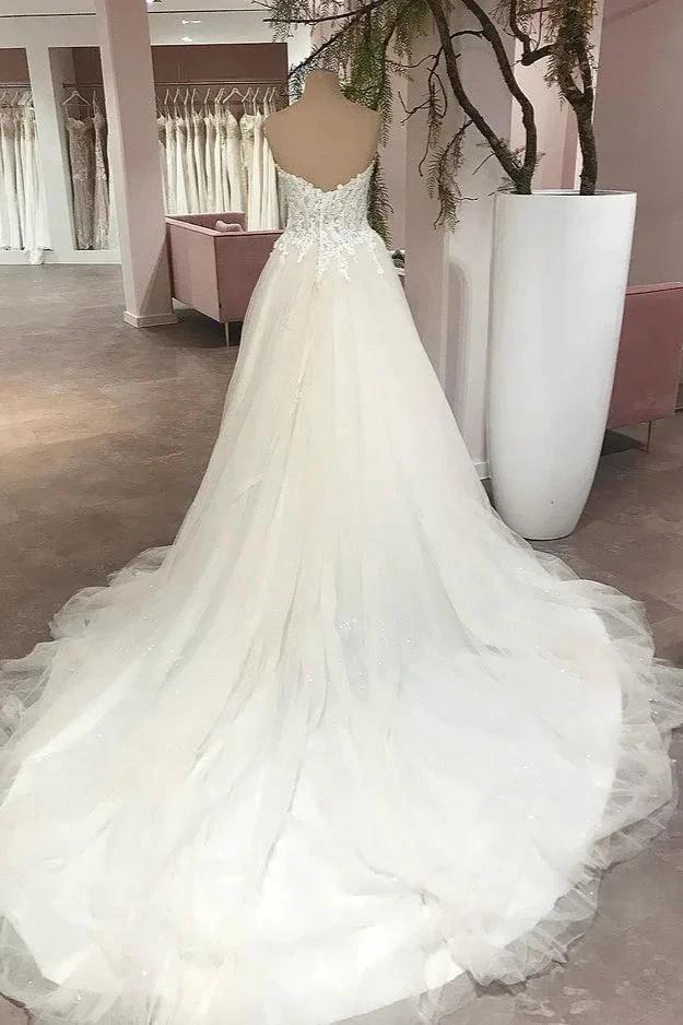 Long A-Line Sweetheart Backless Tulle Appliques Lace Wedding Dress (ZD15225)