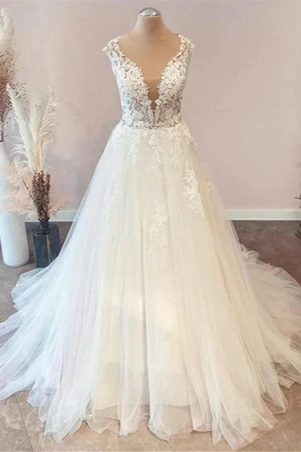 Long A-Line Sweetheart Floral Lace Tulle Wedding Dress (ZD15214) - VelvetHem