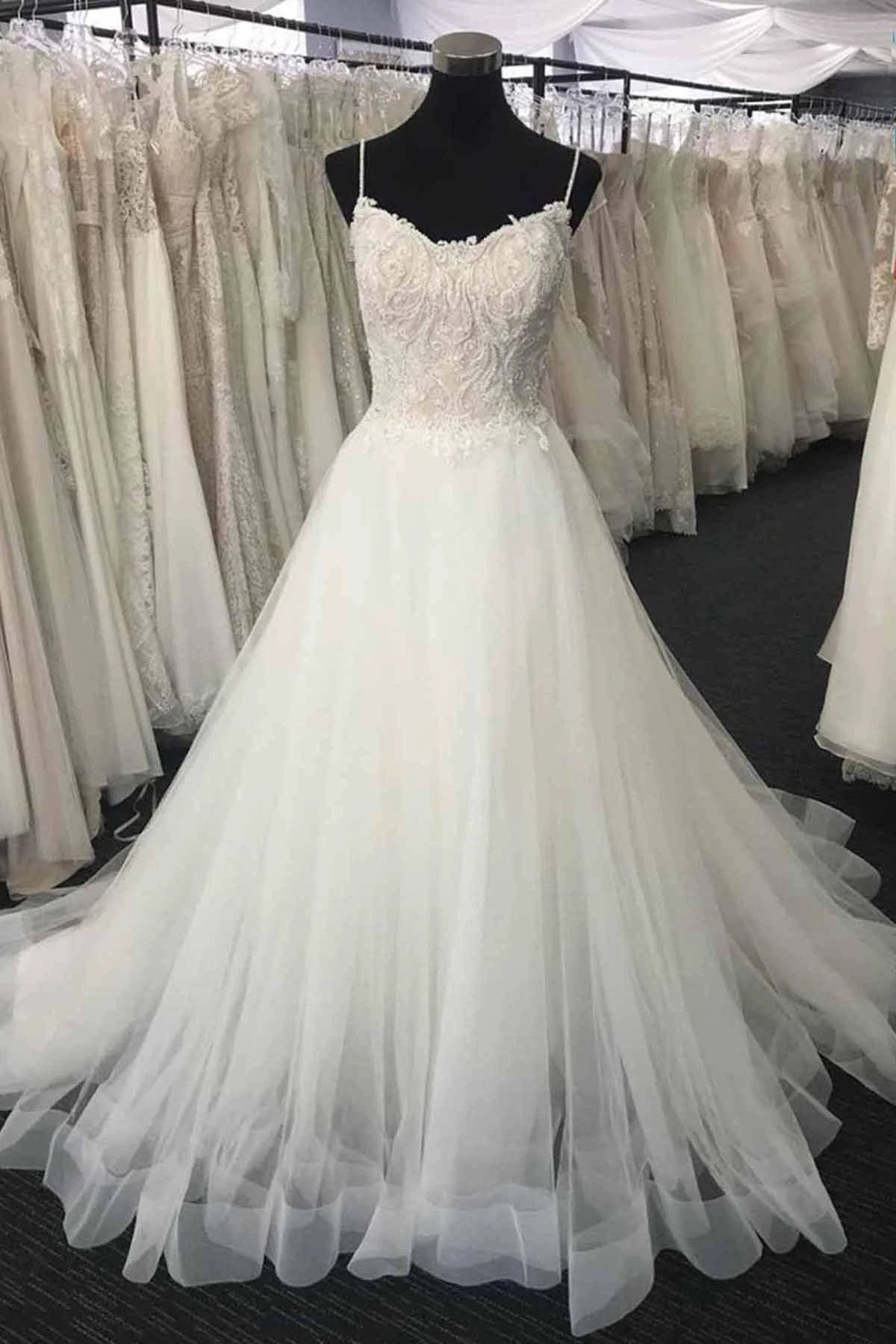 Long A-line Sweetheart Lace Tulle Wedding Dress (ZD15830) - VelvetHem
