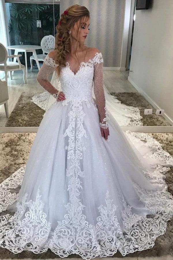 Long A-Line Sweetheart Off-the-Shoulder Appliques Lace Sequins Wedding Dress with Sleeves (ZD15080) - VelvetHem