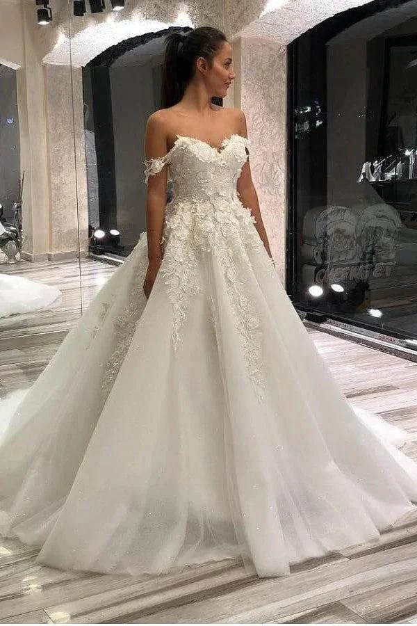 Long A-Line Sweetheart Off-the-Shoulder Appliques Lace Tulle Wedding Dress (ZD15088) - VelvetHem