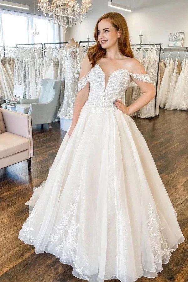Long A-Line Sweetheart Off-the-Shoulder Backless Wedding Dress With Appliques Lace (ZD15067) - VelvetHem