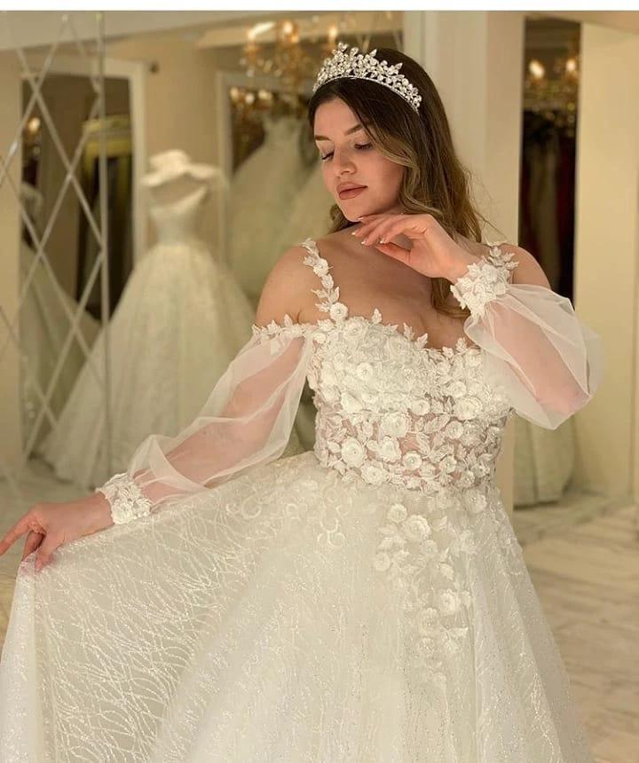 Long A-line Sweetheart Spaghetti Straps Gliiter Wedding Dress with Sleeves (ZD15144)