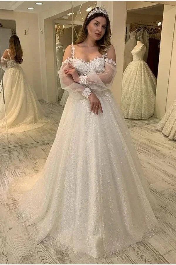 Long A-line Sweetheart Spaghetti Straps Gliiter Wedding Dress with Sleeves (ZD15144) - VelvetHem