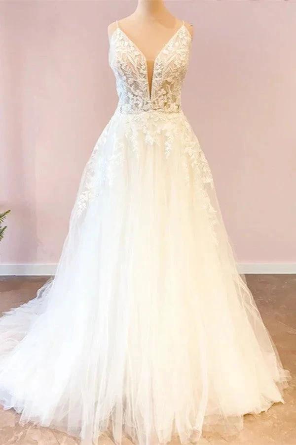 Long A-Line Sweetheart Spaghetti Straps Tulle Wedding Dress (ZD15233) - VelvetHem
