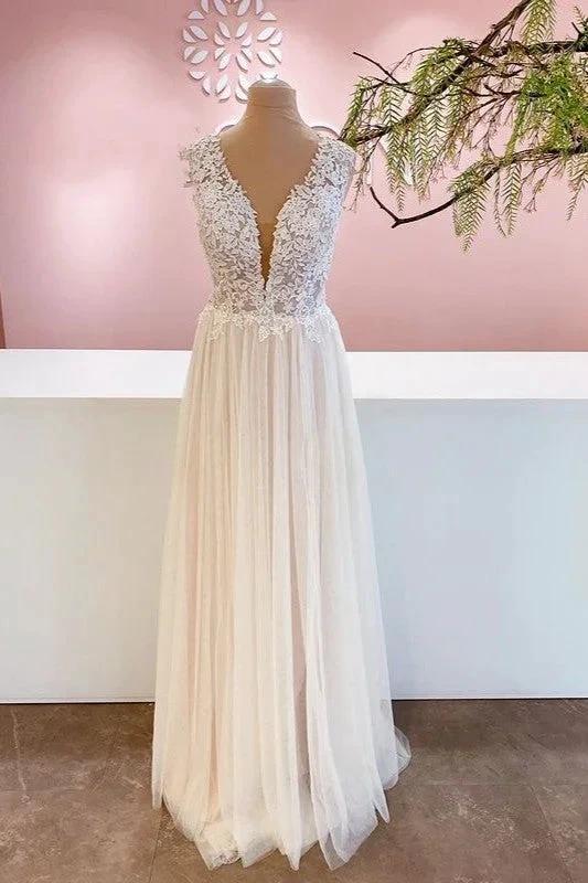 Long A-Line Sweetheart Tulle Backless Wedding Dress With Floral Lace (ZD15242) - VelvetHem
