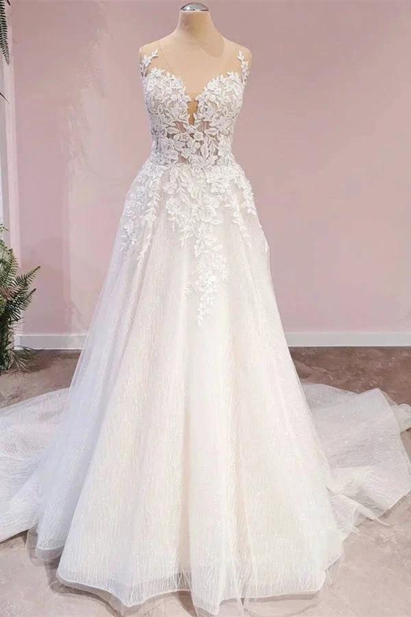 Long A-Line Tulle Backless Appliques Lace Sweetheart Wedding Dress (ZD15228) - VelvetHem
