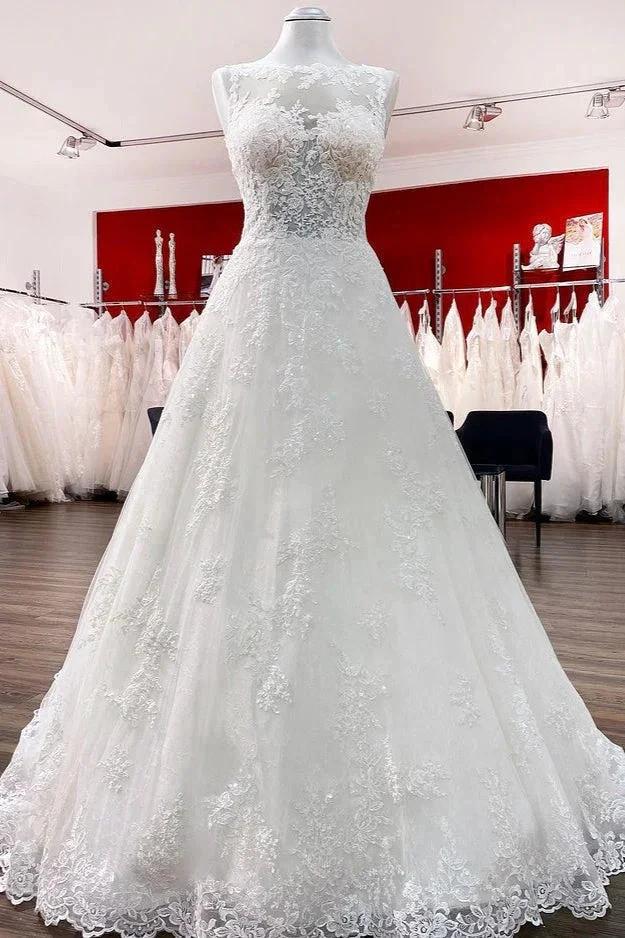 Long A-line Tulle Jewel Lace Appliques Wedding Dresses (ZD15254) - VelvetHem