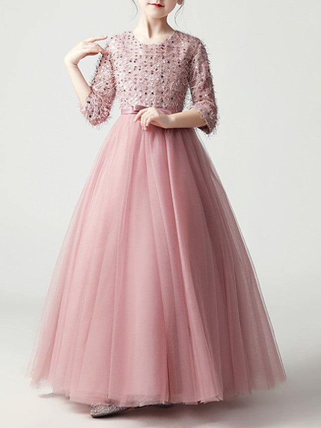 Long A-Line Tulle Jewel Neck Pageant Flower Girl Dresses With Sleeves - VelvetHem
