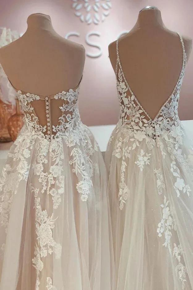 Long A-Line Tulle Lace Appliques Backless Wedding Dress (ZD15212)