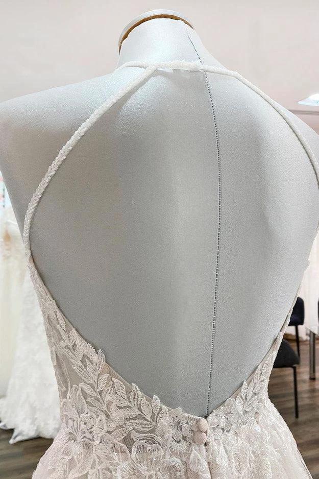 Long A-line Tulle Open Back Halter Sleeveless Lace Wedding Dresses (ZD15248)