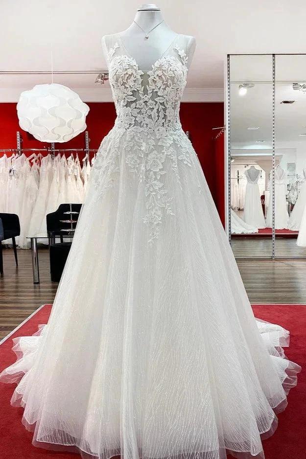 Long A-line Tulle Sleevless Ruffles Jewel Wedding Dress With Lace Appliques (ZD15269) - VelvetHem