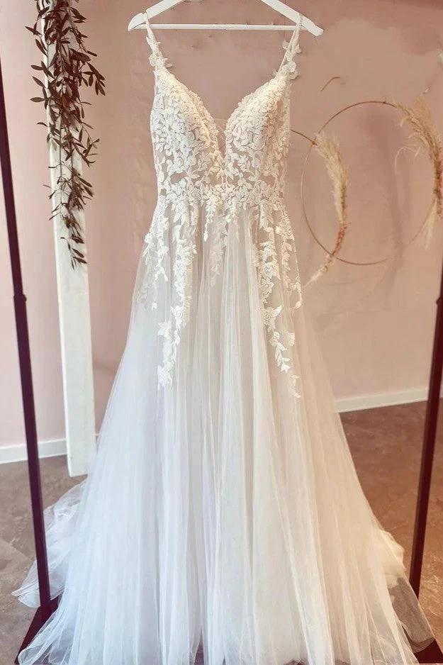 Long A-Line Tulle Sweetheart Appliques Lace Wedding Dress (ZD15205) - VelvetHem