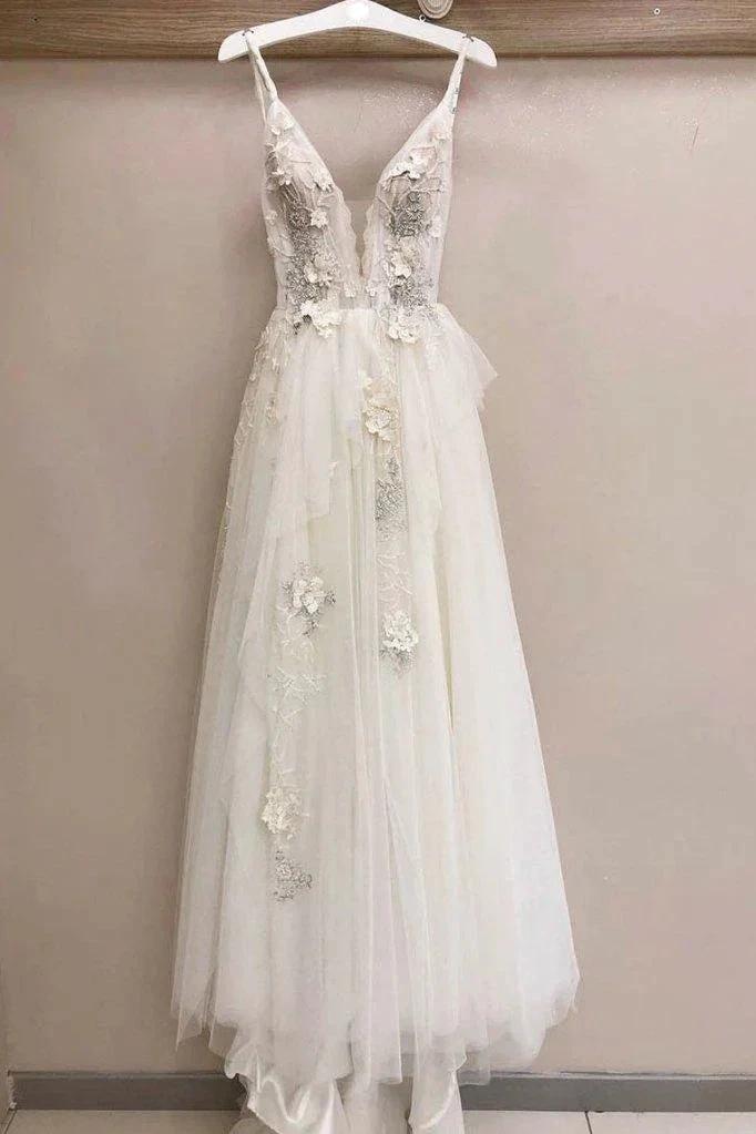 Long A-line Tulle V Neck Lace Applique Wedding Dress (ZD15822) - VelvetHem