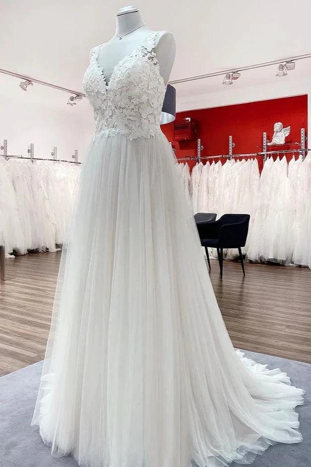 Long A-line Tulle V Neck Open Back Appliques Lace Wedding Dress (ZD15249)