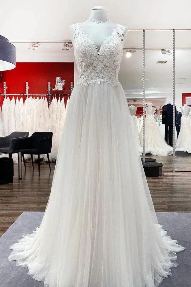 Long A-line Tulle V Neck Open Back Appliques Lace Wedding Dress (ZD15249) - VelvetHem