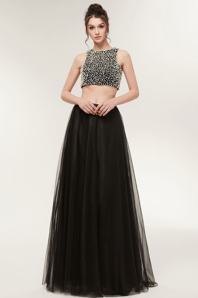 Long A-line Two-piece Tulle Crew Sleeveless Prom Dresses with Pearls - VelvetHem