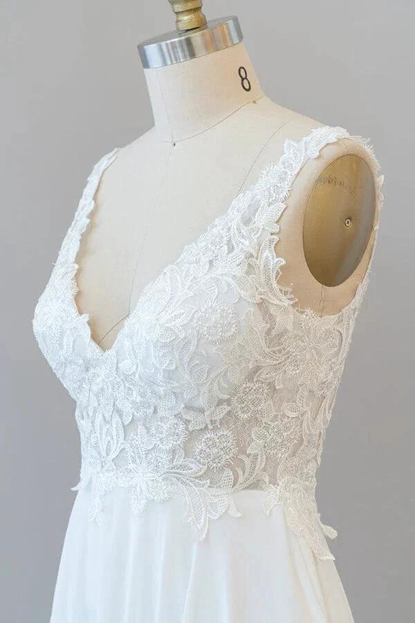 Long A-line V-neck Appliques Lace Chiffon Wedding Dress (ZD14440)