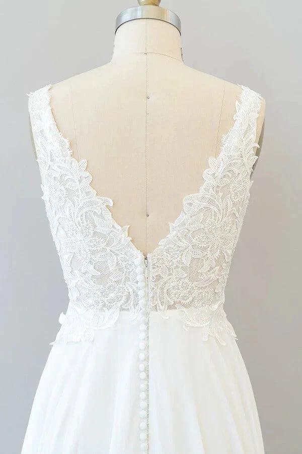 Long A-line V-neck Appliques Lace Chiffon Wedding Dress (ZD14440)
