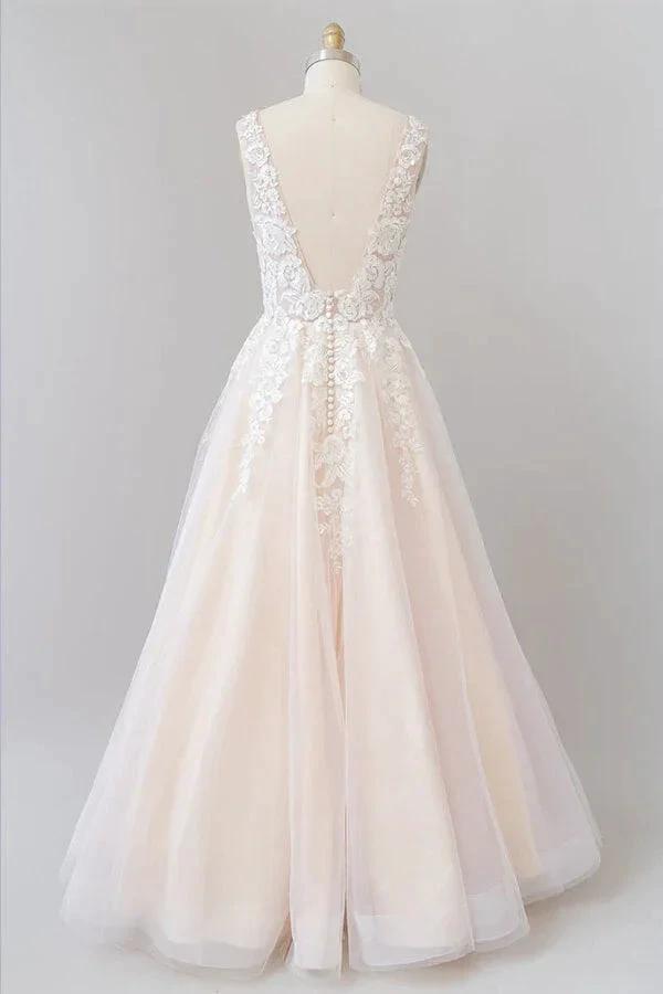 Long A-line V-neck Appliques Lace Tulle Backless Wedding Dress (ZD14431)