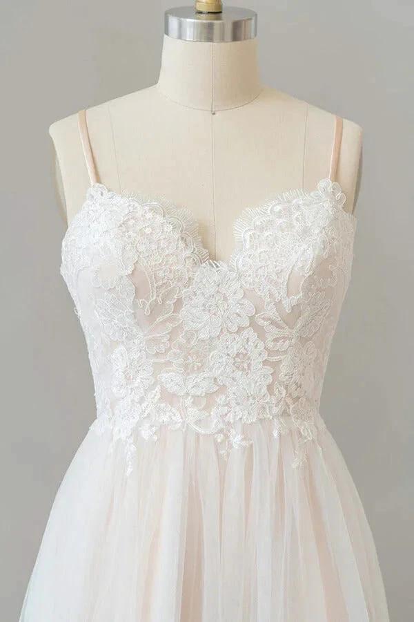 Long A-line V-neck Appliques Lace Tulle Backless Wedding Dress (ZD14399)