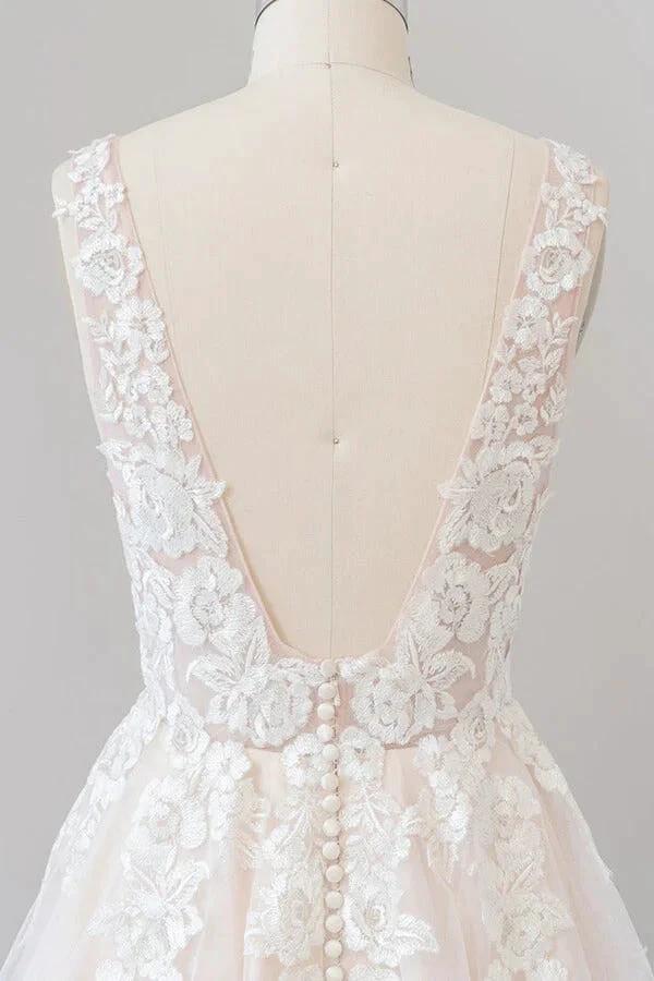 Long A-line V-neck Appliques Lace Tulle Backless Wedding Dress (ZD14431)