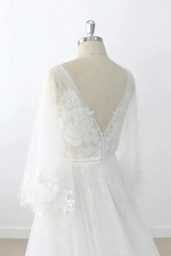 Long A-line V-neck Appliques Lace Tulle Backless Wedding Dress with Sleeves (ZD15788)