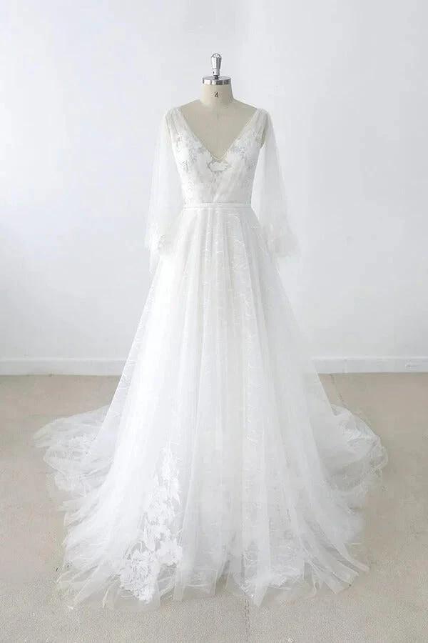 Long A-line V-neck Appliques Lace Tulle Backless Wedding Dress with Sleeves (ZD15788) - VelvetHem