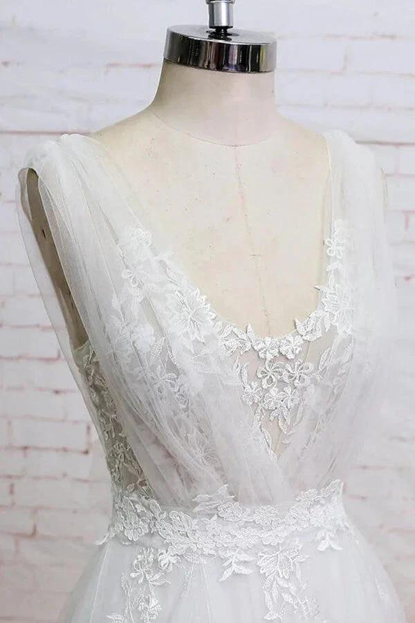 Long A-line V-neck Appliques Lace Tulle Wedding Dress (ZD14420)