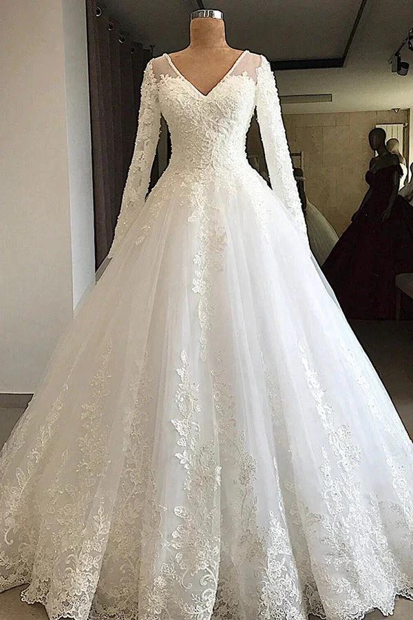 Long A-line V-neck Appliques Lace Tulle Wedding Dress with Sleeves (ZD15796) - VelvetHem